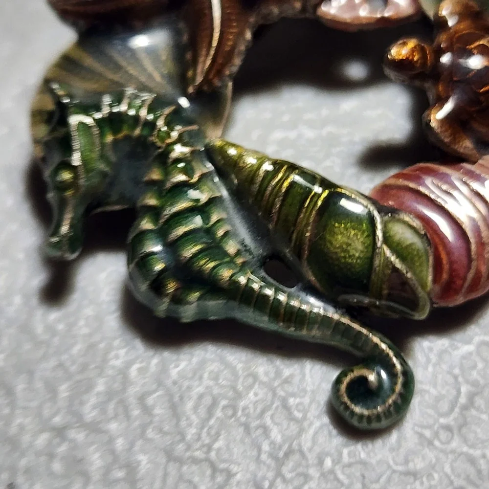 Vintage Enamel Sea Life Wreath Brooch Seahorse Turtle Starfish Nautical Pin